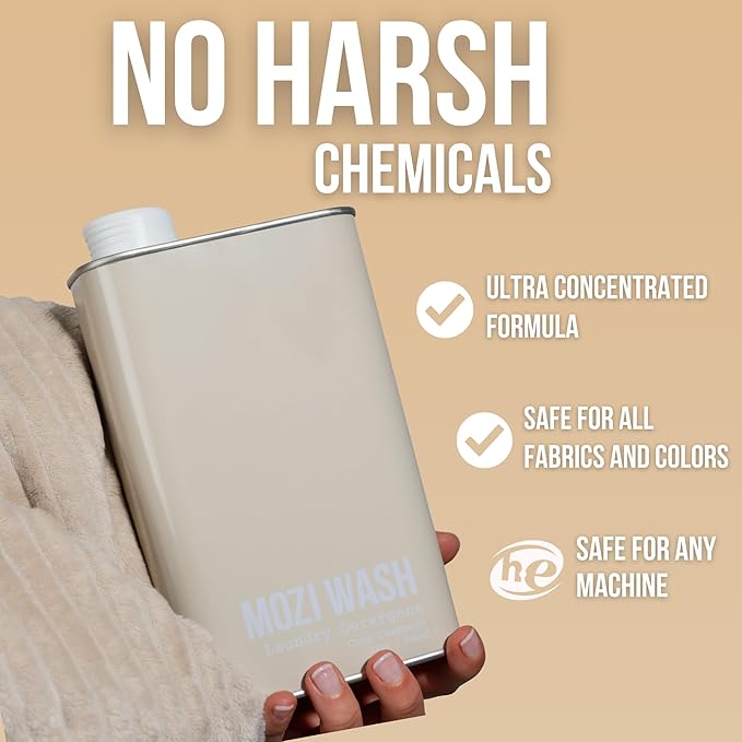 Mozi Wash Laundry Detergent Liquid, Cozy Cashmere- Amber & Floral, 50+ Loads, Concentrated, Non toxic, Plant Based Enzyme Cleaners, Long Lasting Luxury Clean, 32 oz Recyclable Bottle