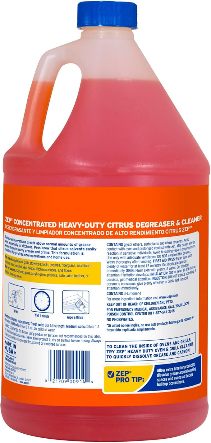Zep Heavy-Duty Citrus Degreaser Cleaner Concentrate - 1 Gallon (Case of 4) ZUCIT128 - Restaurant Grade Degreaser and Cleaner Removes Oil, Grease, Adhesive, and Kitchen Soil on Stovetops, Appliances