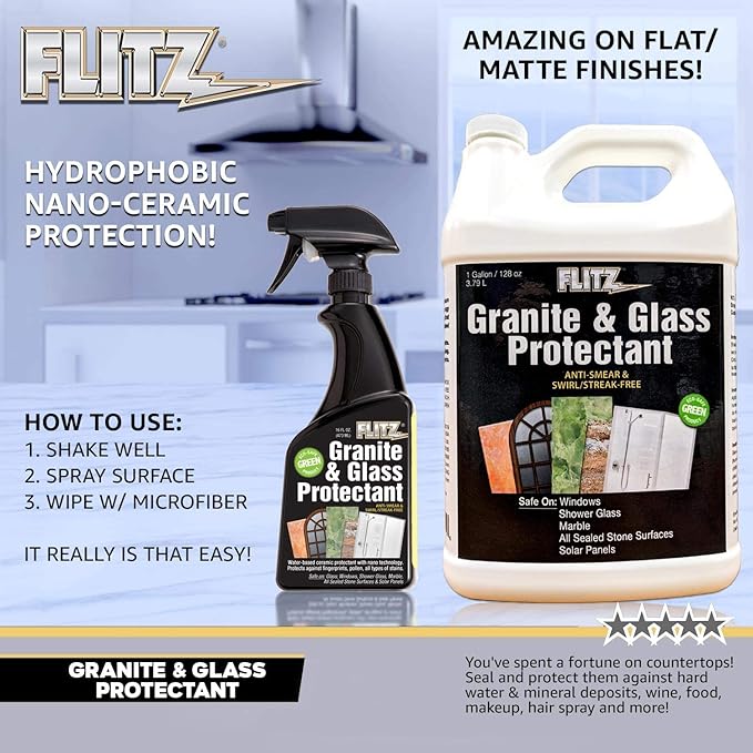 Flitz Granite & Glass Protectant - 16oz Bottle of USA-Made Granite Sealer and Glass Countertop Protector - Cleans & Prevents Liquid, Stains, & Others - Also Works on Marble & All Metals (12 Pack)