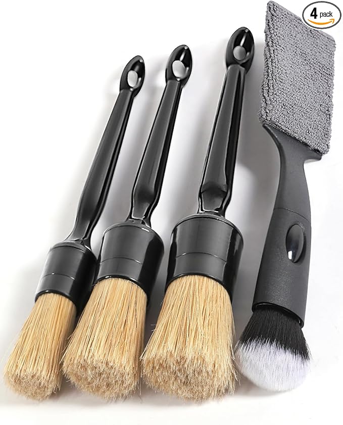 Car Detailing Brush Set, 4 PCS Soft Boars Hair Auto Interior Cleaning Detail Brushes, Perfect for Safely Cleaning Emblem Air Vent, Leather Seats, Washing Wheels, Tires, Engine Bay, Car Detailing Kit