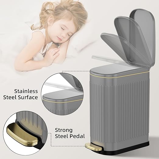 KUK Slim Bathroom Trash Can with Lid, 2.6 Gallon (10 L) Stainless Steel Step Small Garbage Can with Removable Inner Bucket, Soft Close, Anti-Fingerprint Finish (Gray)