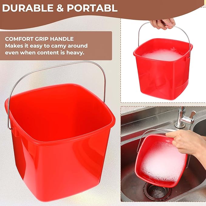 6 Pcs 3 Quart Plastic Cleaning Bucket, Small Square Detergent Pail with Handles, Utility Bucket for Home, Office, Kitchen, School, Commercial Use,（Red）