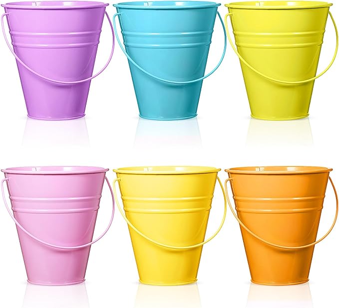 Sadnyy 6 Pack Galvanized Bucket, 5" Metal Bucket with Handles, Metal Buckets and Pails, Kids Party Supplies, Toy Container Table Centerpiece Decoration(Green, Yellow, Orange, Blue, Purple, Pink)
