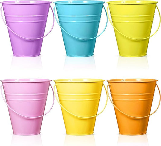 Sadnyy 6 Pack Galvanized Bucket, 5" Metal Bucket with Handles, Metal Buckets and Pails, Kids Party Supplies, Toy Container Table Centerpiece Decoration(Green, Yellow, Orange, Blue, Purple, Pink)