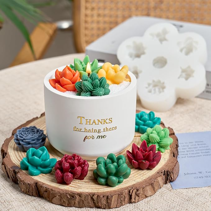 Succulent Candle Molds for Candle Making 7 Cavity 3D Succulents Silicone Wax Mold DIY Handmade Cactus Plant Flower Art Craft Mould Epoxy Resin Casting Soap Cement Concrete Ornament Moulds Home Decor