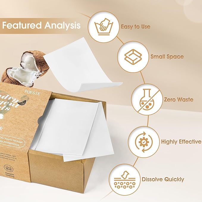 Poesie Laundry Detergent Sheets Coconut Milk Scent 160 Count Non Plastic Jugs Portable Laundry Soap Sheet for Clothes Washing Indoor and Outdoor Essentials