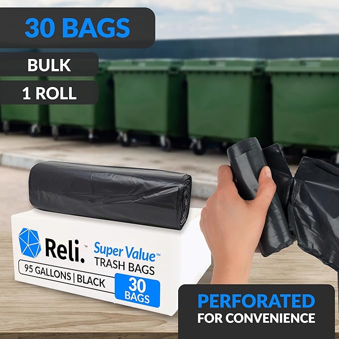 Reli. 95 Trash Bags Heavy Duty | 30 Trash Bags | Super Sizeable for Serious Garbage Cleanup (Black)