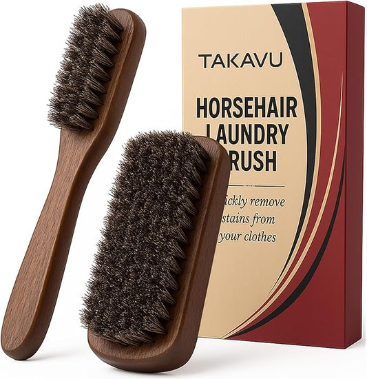 Horsehair Laundry Stain Brushes Set 2pcs by TAKAVU, Natural Soft Bristle for Scrubbing Out Tough Stains on Delicate Fabrics Knits Cotton Leather Washable Fabrics