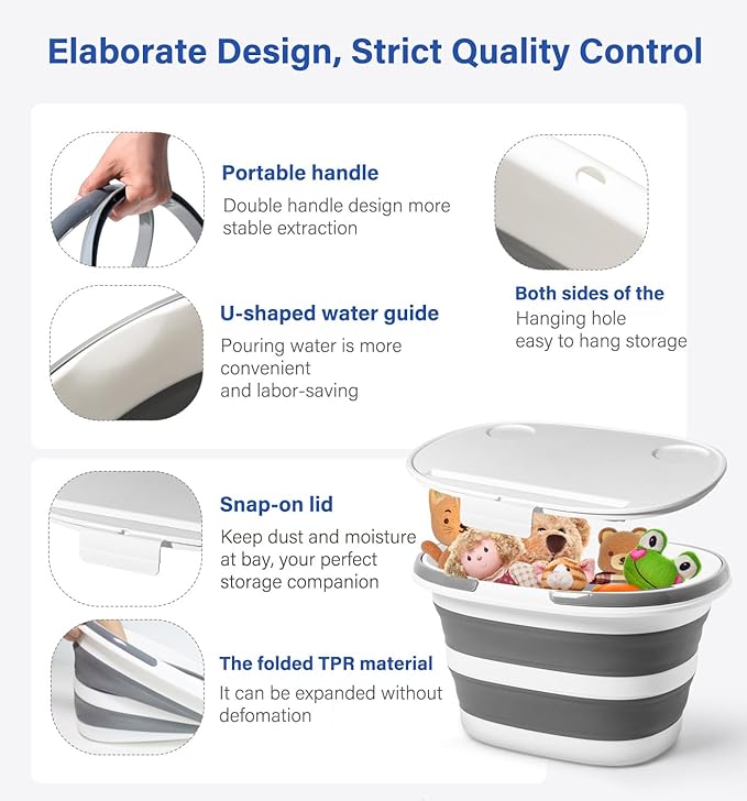 Collapsible Bucket, Upgraded 16L (4.2 Gallon) Collapsible Mop Bucket with Multi-Functional Lid, Foldable Portable Camping Beach Sand Water Pot Pail Space Saving Square, Car Washing Bucket