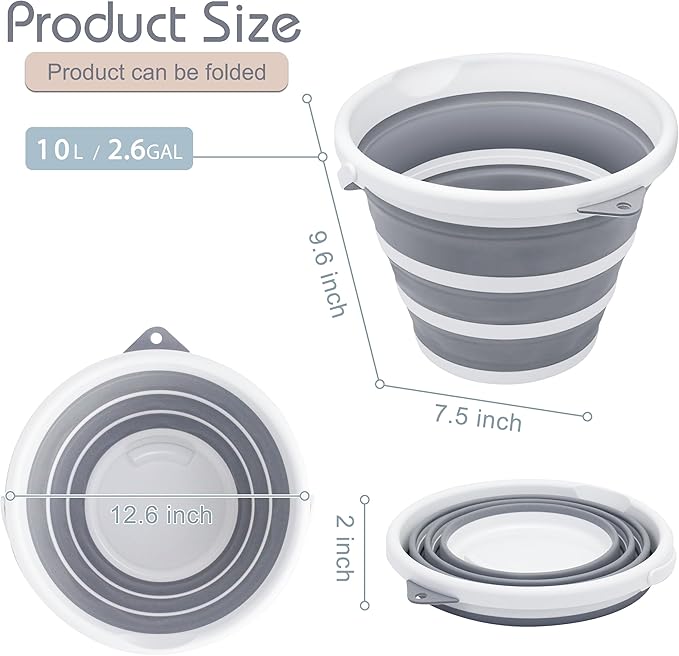 2-Pack Collapsible Bucket 2.6 Gal/10L, BPA-Free - Space-Saving, Portable Foldable Water Pail for Versatile Use, Home, Outdoors, Car Wash, Camping, Fishing - Dual Colors Grey & Blue