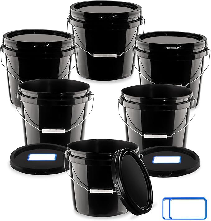 6 Pcs 2 Gallon Black Bucket with Lid and Handle, Large Plastic Storage Paint Pail Brine, Fermenting for Beer, Wine or Any Other Fermented Beverage