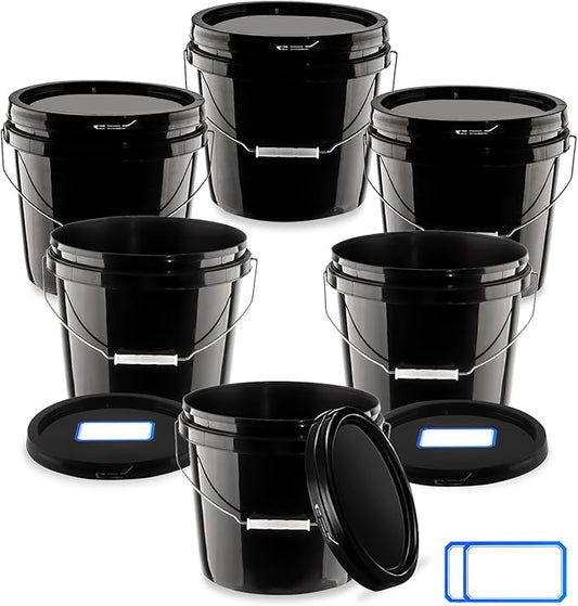 6 Pcs 2 Gallon Black Bucket with Lid and Handle, Large Plastic Storage Paint Pail Brine, Fermenting for Beer, Wine or Any Other Fermented Beverage
