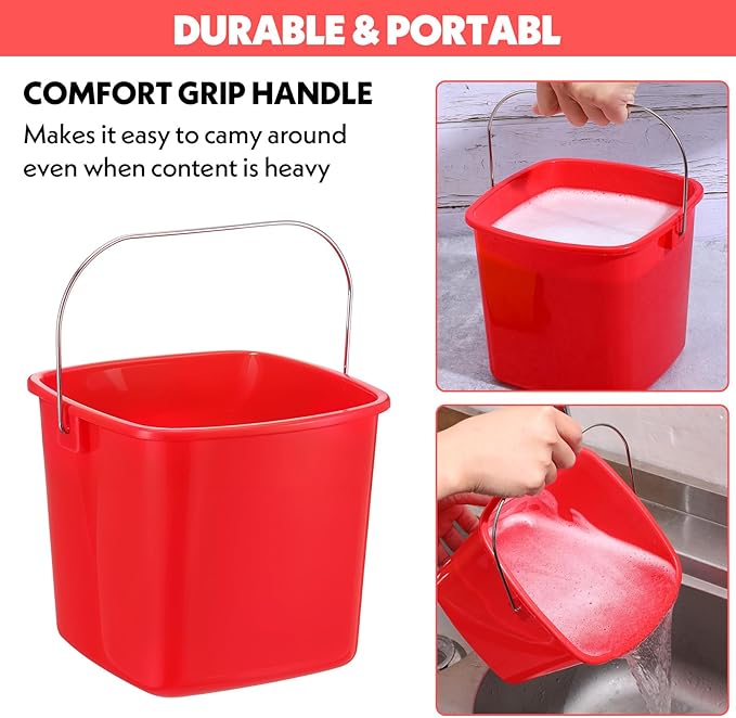 6 Pcs 3 Quart Cleaning Bucket Small Sanitizing Square Bucket Detergent Pail for Home Commercial Restaurant Kitchen Office School (Red)