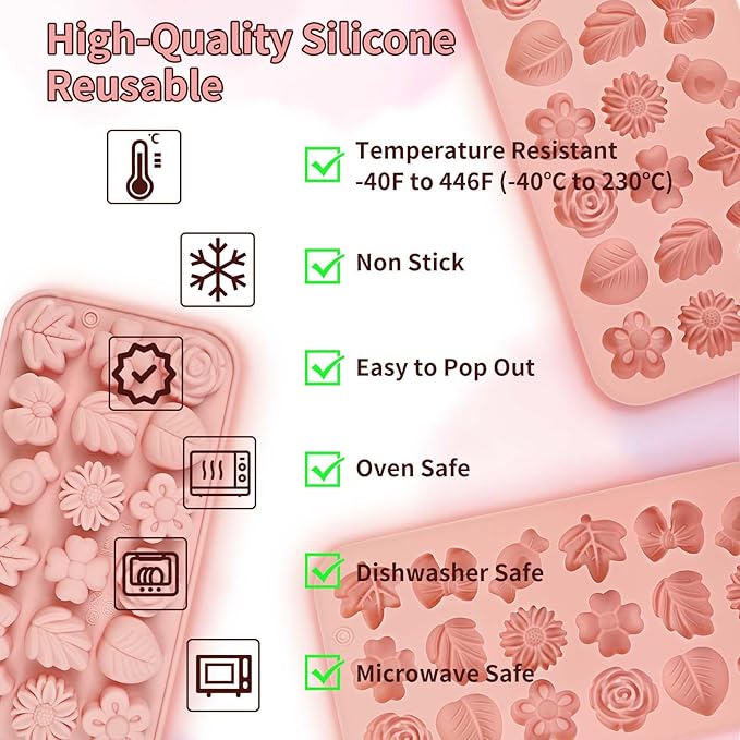 2 Pack Silicone Flower Candy Molds, Daisy Rose Tulip Floral Chocolate Molds with Flower Leaf & Bow Shapes for Baking, Soap, Jello, Ice Cubes, DIY Desserts and Crafts Making