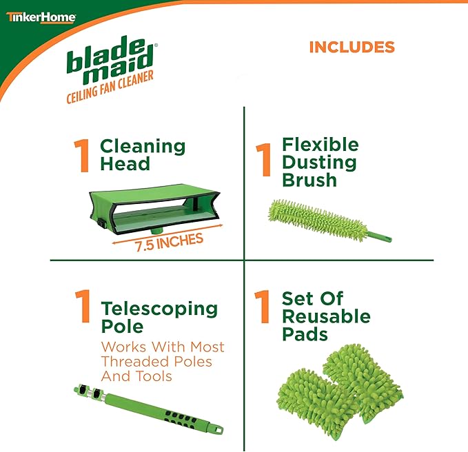 Blade Maid Ceiling Fan Blade Cleaner & Flexible Dusting Brush | Extendable Pole for High Ceilings, Reusable Microfiber Pads, Wall Duster, Removes Cobwebs| Size 3 feet (Pack of 1)