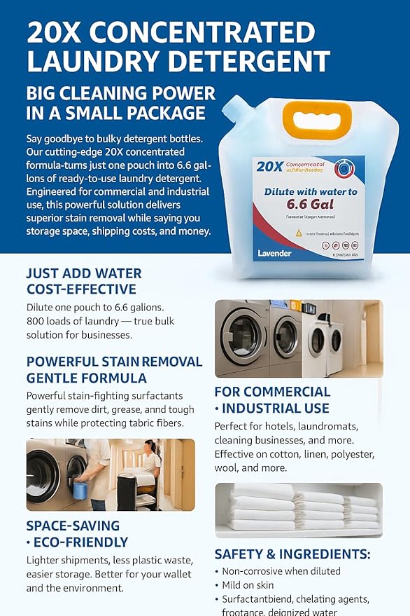 bulk Laundry Detergent Refill, 20X Concentrated,Makes 6.6 Gal (800 Loads) - Ultra Stain Fighter, HE Compatible, Low Cost per Load for Home & Commercial Use