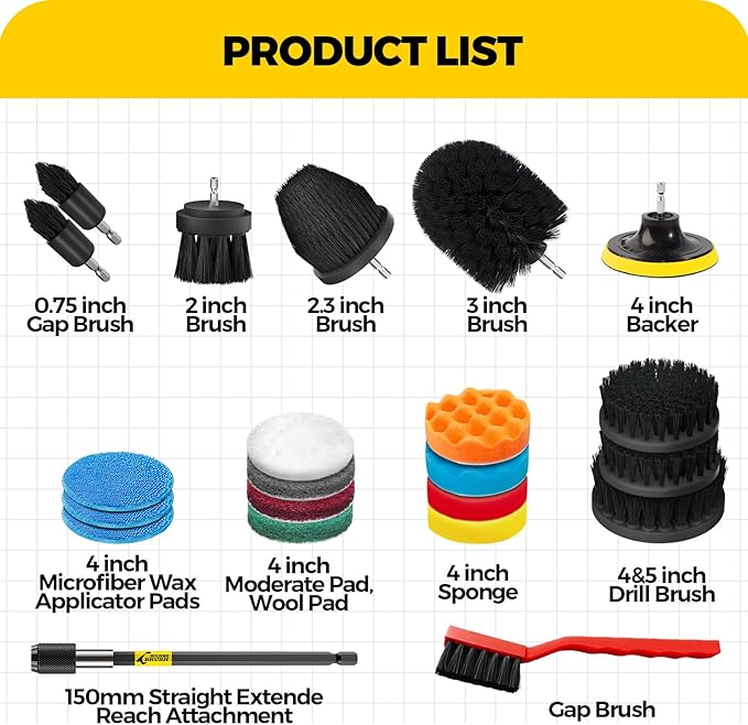 Holikme 22Pack Drill Brush Attachments Set, Scrub Pads & Sponge, Buffing Pads, Power Scrubber Brush, Car Polishing Pad Kit,Wax Applicator Pad,Car Cleaning Kit，Cleaning Supplies，Masonry Brushes,Black
