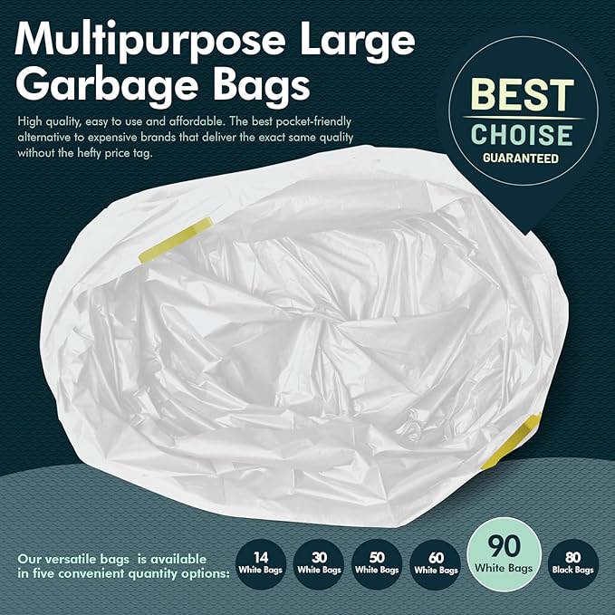 PAMI Tall 13-Gallon Kitchen Drawstring Trash Bags [90-Pack, White] - Extra-Strong Plastic Garbage Bags- Thick Trash Can Liners For Kitchen, Bathroom & Outdoor Bins- 2ft x2ft Unscented Trash Bags