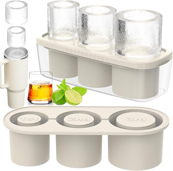 Ice Cube Tray for Tumbler Cup 30Oz-40Oz, 3 Pcs Silicone Cylinder Ice Mold with Lid and Bin for Freezer, Easy Fill and Release Ice Maker for Whiskey, Cocktail BPA-Free