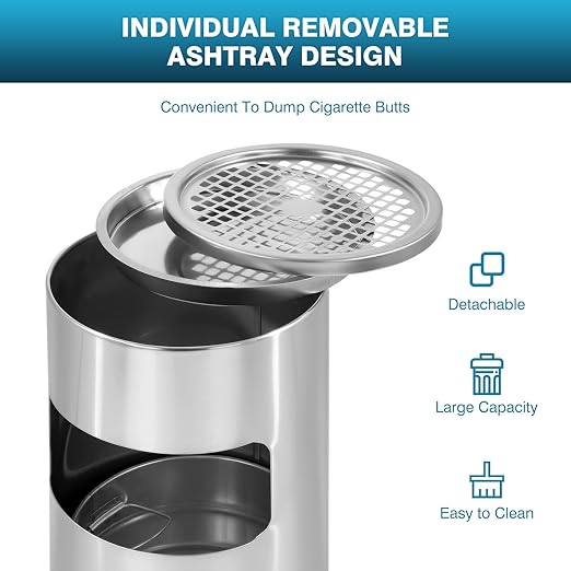 IRONWALLS Indoor Outdoor Trash Can with Lid, Silver Floor Standing Stainless Steel Garbage Bin with Removable Inner Barrel, Commercial Waste Bin Container Trash Receptacle, Patio Garbage Can