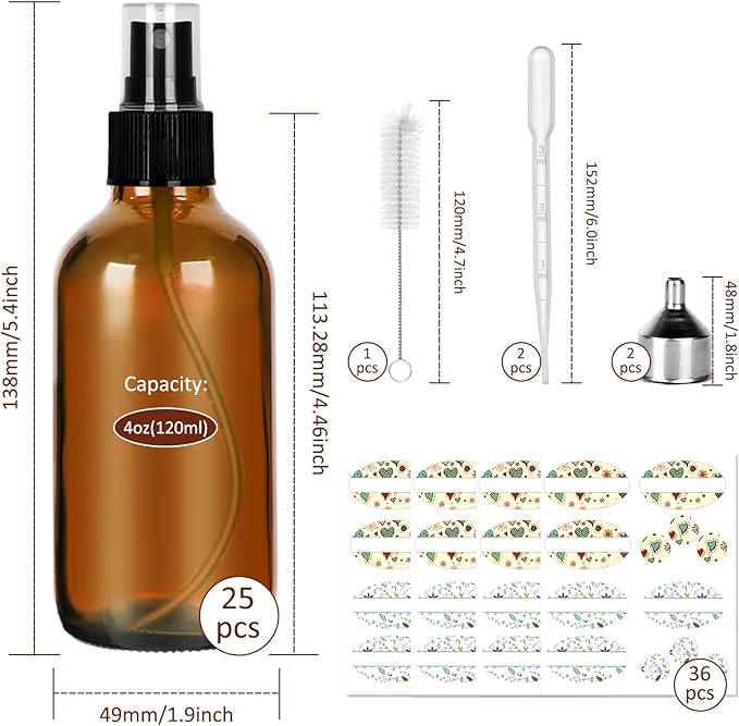 CycleMore 25 Pack 4oz Amber Glass Spray Bottles with Fine Mist Sprayers, Glass Travel Bottles for Cosmetic Essential Oils Cleaning Solutions Perfumes & More Liquids Ideal GIft