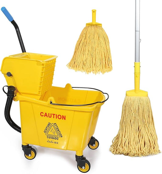 35-Qt Side Press Wringer Combo Commercial Floor Cleaning Rectangular Mop Bucket on Wheels, Yellow,Add One Commercial Mop and One Mop Head Replacement