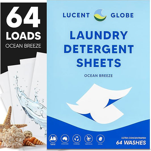 Lucent Globe Laundry Detergent Sheets - Pre-Measured Laundry Sheets - Powerful Stain Removal - Gentle on Skin & Fabrics - Works in All Washers - Convenient and Travel Friendly (Ocean Breeze)