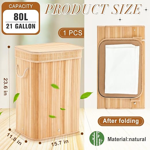 1 Pack Bamboo Slim Trash Can with Lid, 21 Gallon Large Foldable Slim Rectangular Garbage Can Bamboo Waste Basket for Bathroom Bedroom Office Home Salon Spa (23.6×15.8×11.8inches,Wooden Color)