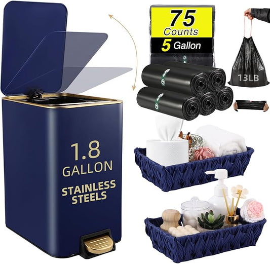 Small Bathroom Trash Can with Lid Soft Close, 1.8 Gallon Stainless Steel Garbage Can with Removable Inner Bucket,Wicker Storage Baskets,75Count Trash Bags, Slim Step Pedal Trash Bins