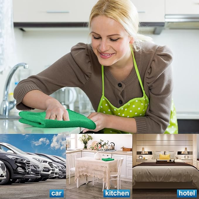 Tenare 100 Pack 12'' x 12'' Microfiber Cleaning Cloths Reusable Cleaning Rags Bulk Microfiber Towels Softer Highly Absorbent Washcloths for House Kitchen Car Window(Green)