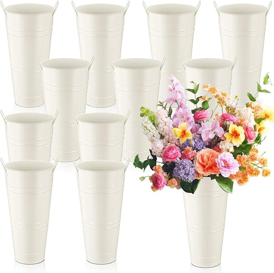 Zhehao 12 PCS 12 Inch Galvanized Metal Vase with Handles Bulk Tin Flower Buckets Galvanized Vases for Flowers Country Wedding Table Centerpieces Metal Flower Buckets for Wedding Home(Creamy White)