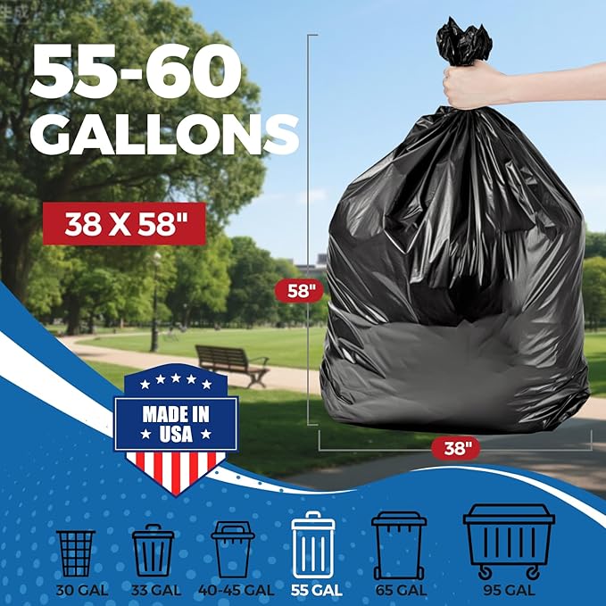 Fuxury 55-60 Gallon Heavy Duty Trash Bags, 100 Count Black Garbage Bags, 23 Mic Thick, 38x58 in, Star-Seal Bottom, Plastic Bags Ideal for Home, Yard & Commercial Use, Made in USA