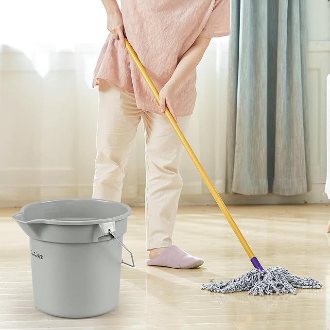 14 Quart / 3.5 Gallon Round Plastic Cleaning Bucket with Handle, Commercial, Heavy Duty, Gray, 4 Packs