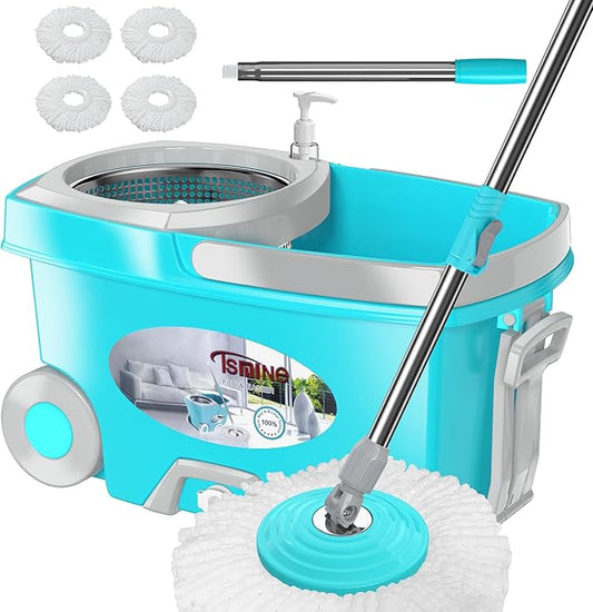 FunClean Spin Mop and Bucket,Mop and Bucket with Wringer Set for Home,360 Spinning Mopping Floor Cleaning Tool with 4 Microfiber Replacement Head Refills,61" Extended Handle, 2X Wheel - Blue