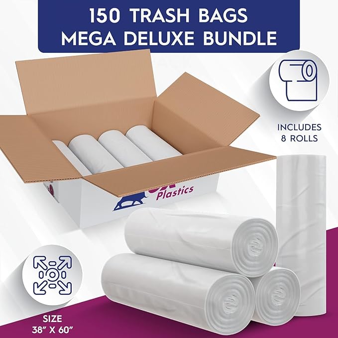 55-60 Gallon Trash Bags - High Density 38"x60", 150 Count Unscented Trash Can Liners - Multipurpose Clear Garbage Bags for Bathroom, Kitchen or Office Wastebaskets (22 Microns) Made in USA