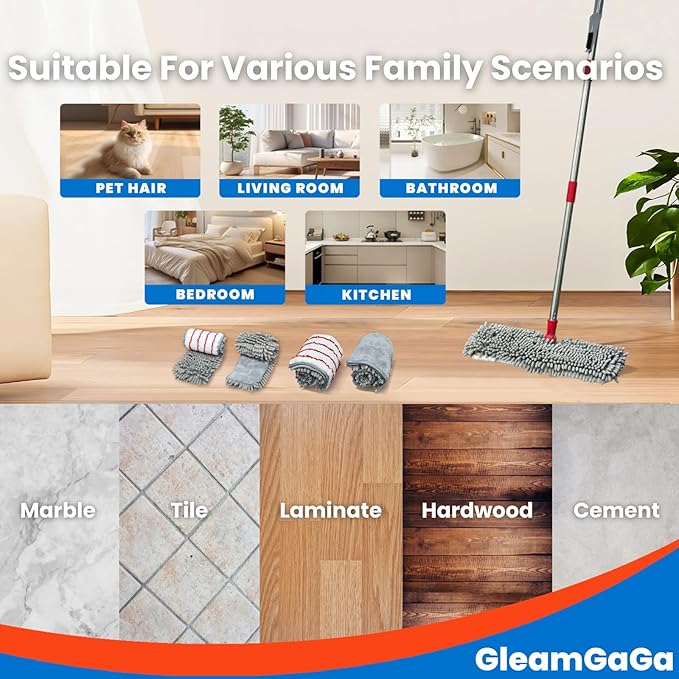 Microfiber Mops for Floor Cleaning, Flat Dust Mop with 4 Washable Pads, Dual-Sided Flip Mop for Wet & Dry Use, Extendable 62’’ Handle with Scraper, Floor Mops for Hardwood,Laminate,Vinyl,Kitchen,Tile