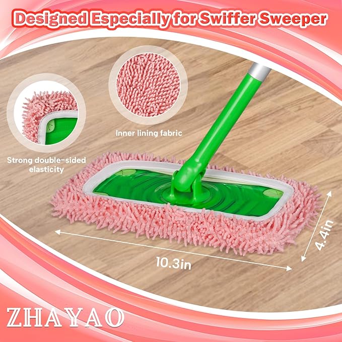 Reusable 100% Coral Fleece Mop Pads Compatible with Swiffer Sweeper Mop, Pink, Wet and Dry Flat mop Cover, 3 Pack Washable Mop Pads for Surface/Hardwood Floor Cleaning (Mop is Not Included)
