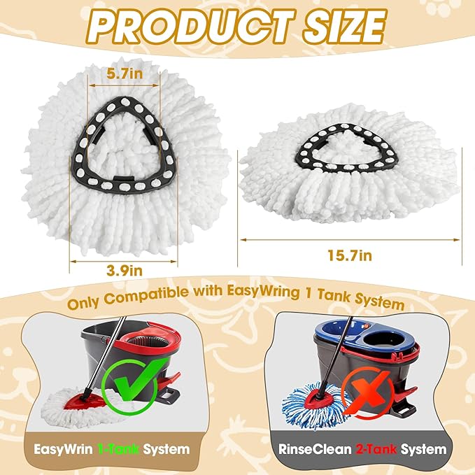 10 Pack Spin Mop Replacement Heads, 360° Microfiber Spin Mop Refills for O-Cdea EasyWrin 1-Tank System, Machine Washable Mop Replace Head for Easy Cleaning