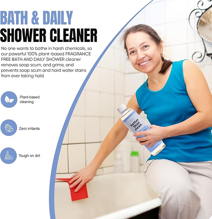 Bath & Daily Natural Shower Cleaner Concentrate - Plant-Based, Fragrance Free Cleaning Products - Hard Water Stain and Soap Scum Remover for Tub & Tile - 8oz Makes 4 Bottles
