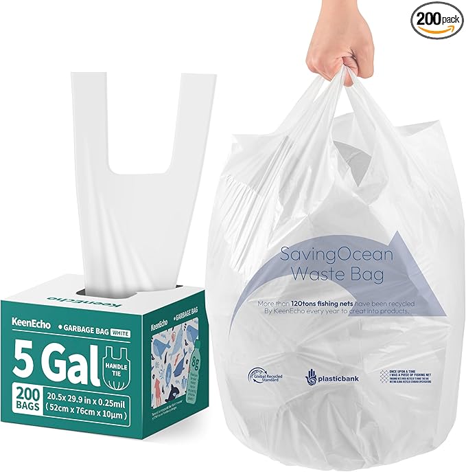 Small Trash Bags with Handles 5 Gallon 200 Count White - Ocean Plastic Upcycling - Plastic Garbage Bags, Can Bin & Waste Basket Liner for Kitchen, Bathroom, Office and Pets