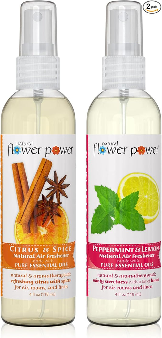 Natural Flower Power Air Freshener Spray - Odor Eliminator w/Essential Oils - Home, Car & Fabric - Cruelty Free & Vegan - Variety Pack - Citrus & Spice and Peppermint & Lemon - 2 x 4 fl oz