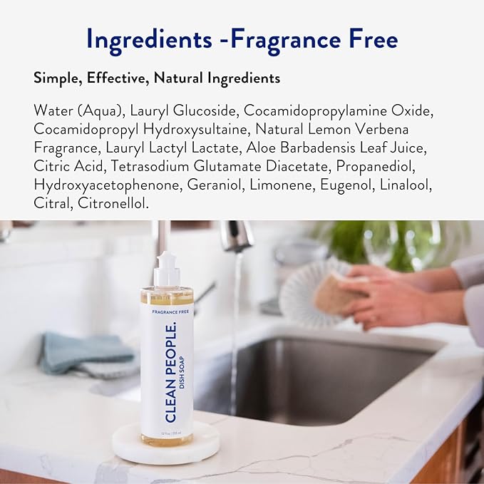 THE CLEAN PEOPLE Liquid Dish Soap - Clean, Simple Ingredients - Extra Scrubbing Power (Fragrance Free) 12 fl. oz (3 Pack)