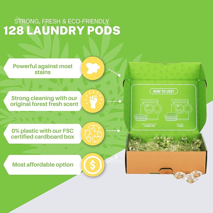 Greenseedz Eco Friendly Laundry Detergent Pods, 128 Pacs, Powerful Stain And Odor Removal, Skin Friendly, Rainforest Fresh Scent, Biodegradable and HE Compatible