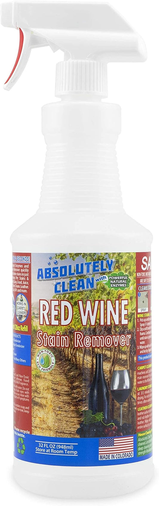 Amazing Red Wine Stain Remover – Natural Enzymes Eliminate Wine Stains Fast - Cleans Carpet, Upholstery, Clothing, Table Cloth & More - USA Made (32oz 2 Pack