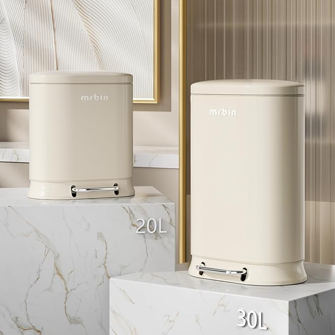 MRBIN Metal Kitchen Trash Can with Lid, 30L / 7.9gal Commercial Step Waste Basket for Bathroom, Medium Office Garbage Pail with Stainless Steel Foot Pedal for Near Desk, Bedroom, Rv, White