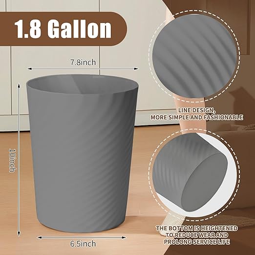 Small Trash Can - Plastic Waste basketbin for Office,Home,Bathroom,Kitchen - 1.8 Gallon - Grey