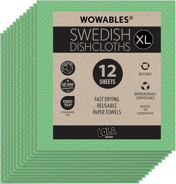 LOLA Wowables XL Swedish Dishcloths, 12 Reusable Eco Cleaning Cloths, 11" x 10", Ultra Absorbent Cellulose Sponge Towel, Compostable, Made in Germany