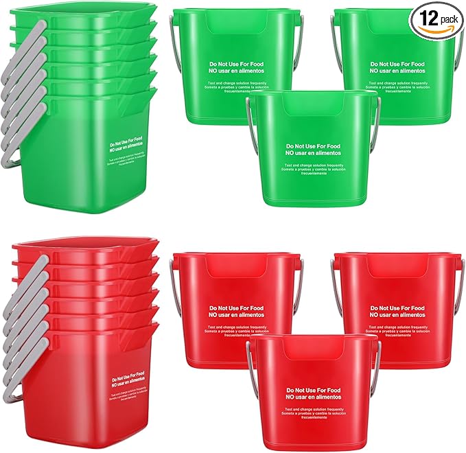 Lallisa 12 Pcs 3 Quart Cleaning Bucket Small Sanitizing Square Bucket Detergent Pail for Home Office Commercial Restaurant Kitchen Bathroom School (Red Green)