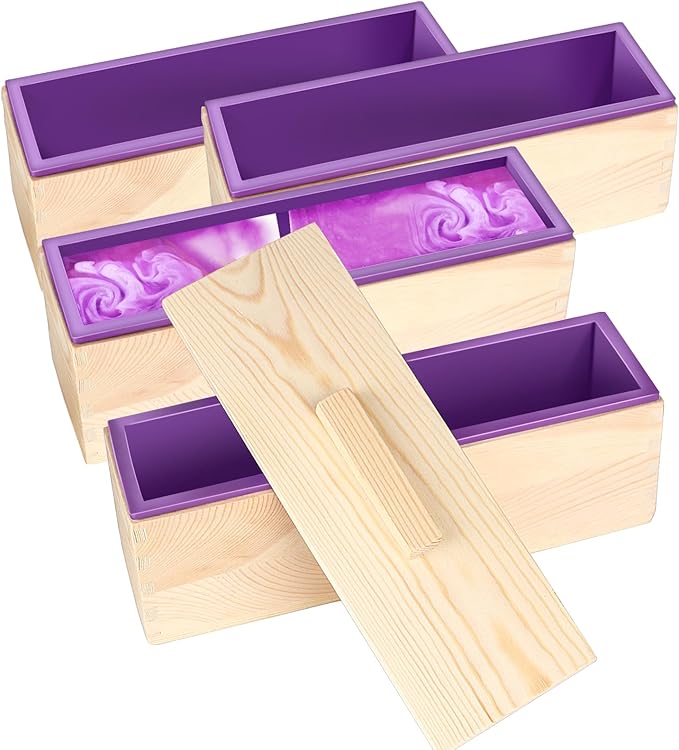 ZOENHOU 4 PCS 42oz Purple Soap Molds and 4 Wooden Lids, Flexible Rectangular Silicone Soap Making Molds Kit with Wood Box DIY Tool Set for Soap Making Supplies