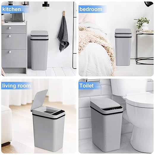 Smart Touchless Bathroom Trash Can 2.2 Gallon Automatic Motion Sensor Rubbish Can with Lid Electric Narrow Small Garbage Bin for Kitchen, Office, Toilet, Bedroom (Grey)